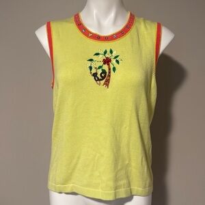 Vintage Berek Yellow Sweater Shell Top Monkey Palm Tree Sequin Quirky Size L NWT